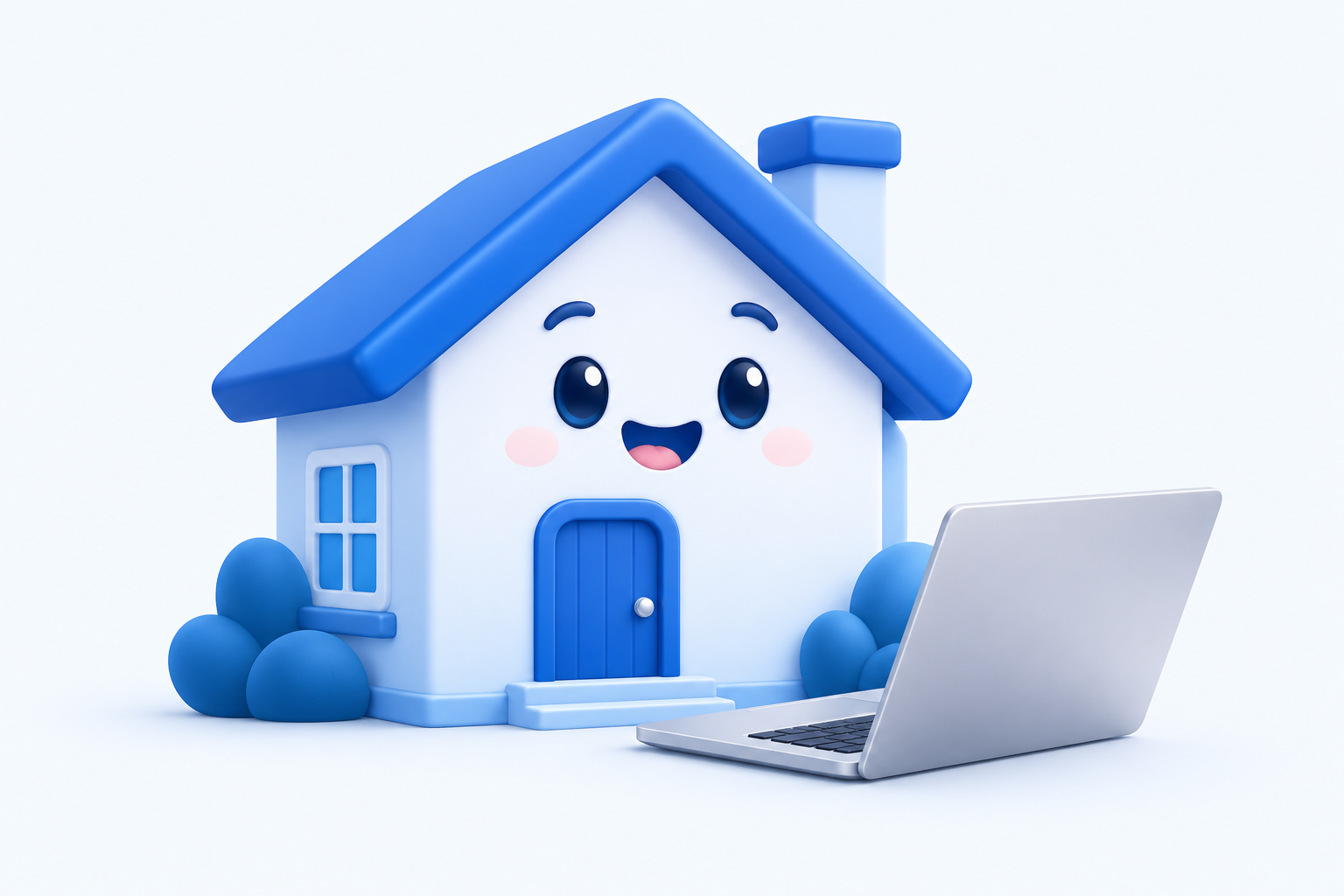 A blue house with an open laptop in front